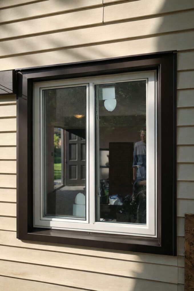 Vinyl sliding window installation with a white frame and dark exterior trim.