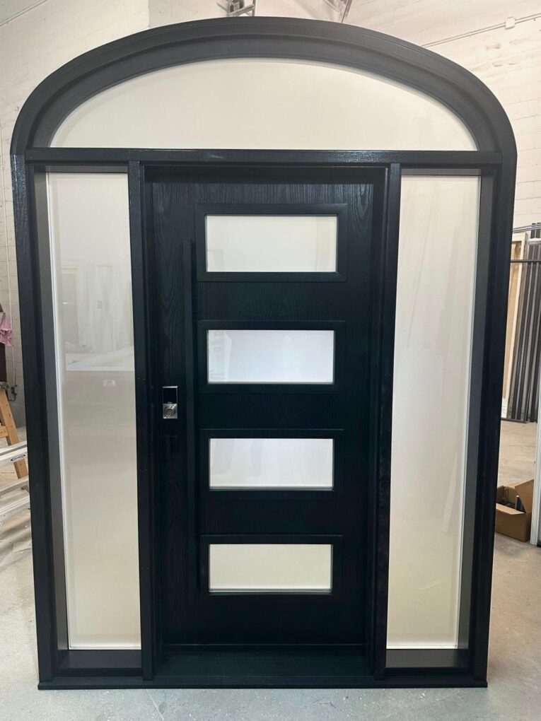 Fiberglass entry door with arched transom and frosted sidelites prepared for a Toronto home.