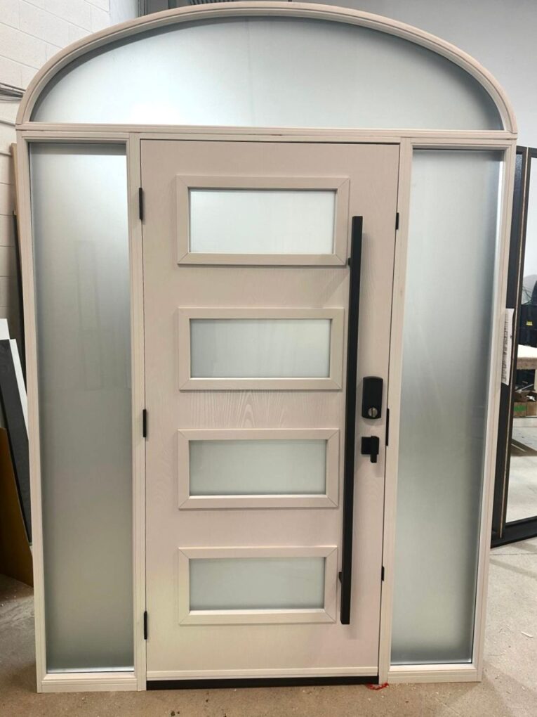 Modern fiberglass front door with privacy glass inserts, full-height sidelites, and an arched transom.