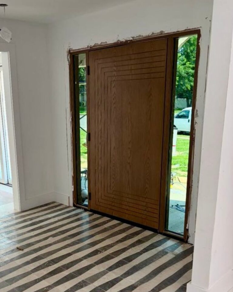 Fiberglass-wood-grain-front-door-with-sidelights-installed-in-a-New-Jersey-home-