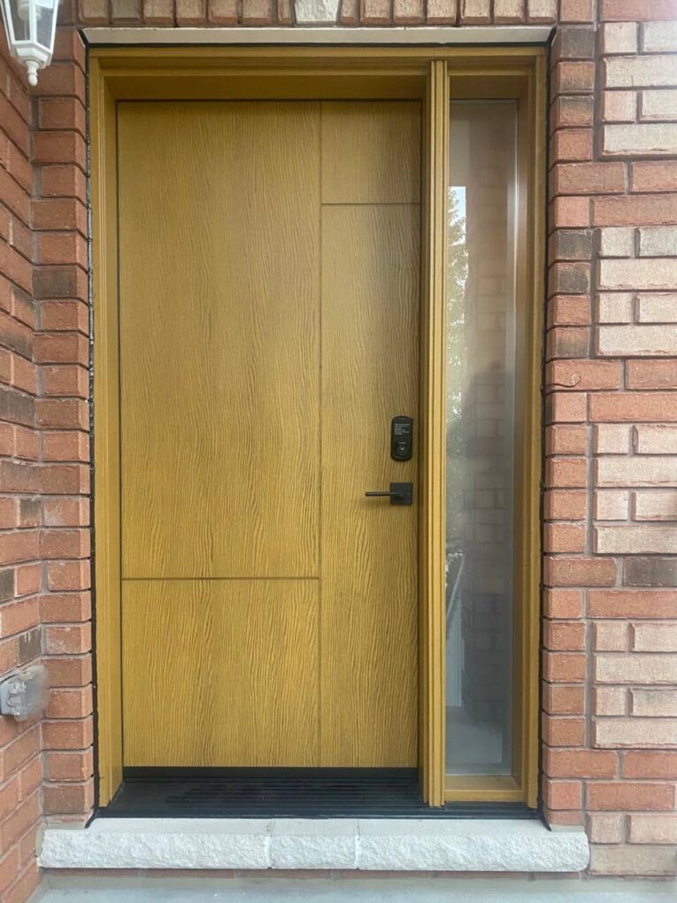 Stained fiberglass front door installed in Bradford Ontario